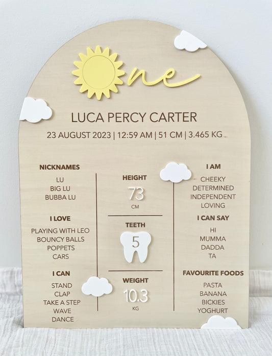 First Birthday Milestone Board - Sun & Clouds