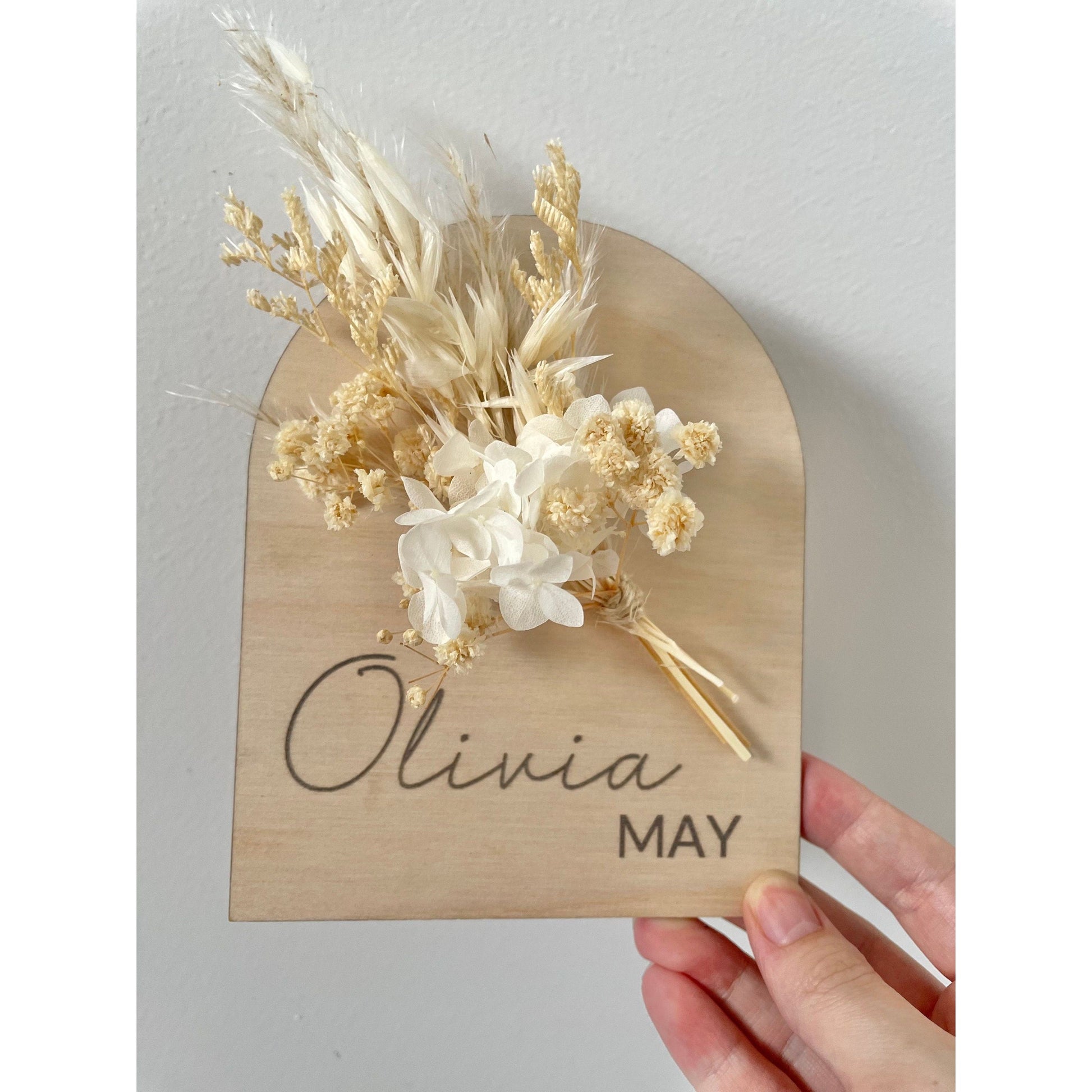 Baby Announcement Plaque Personalised - with Dried Flowers