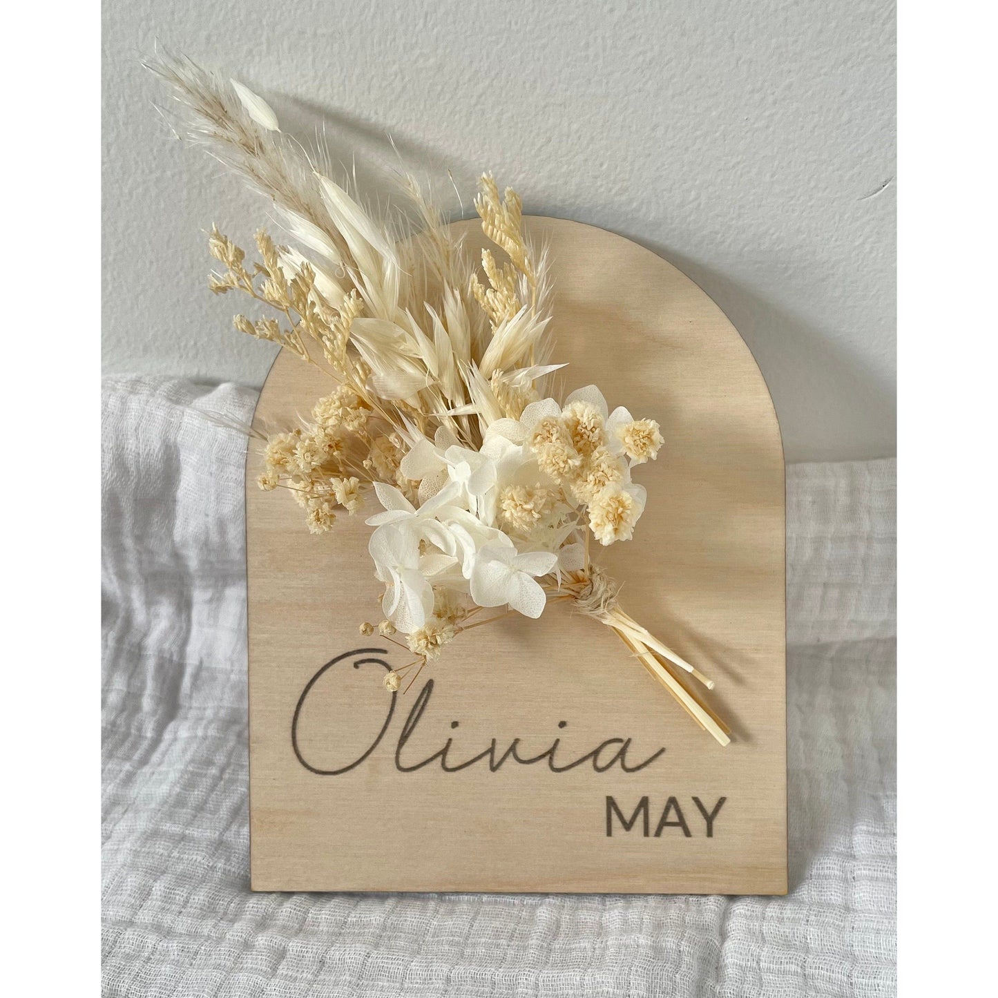 Baby Announcement Plaque Personalised - with Dried Flowers